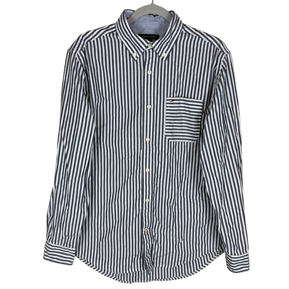 Tommy Hilfiger Shirt Men's Medium Blue White Cotton Vertical‎ Lines Button-Down